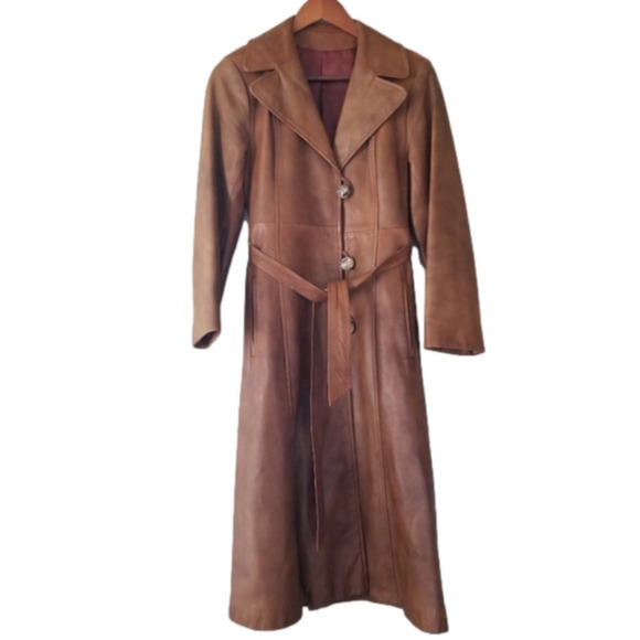 Vintage Jackets & Blazers - VINTAGE 1970s Belted Leather Long Trench Jacket for Women Size XS Rajac Canada
